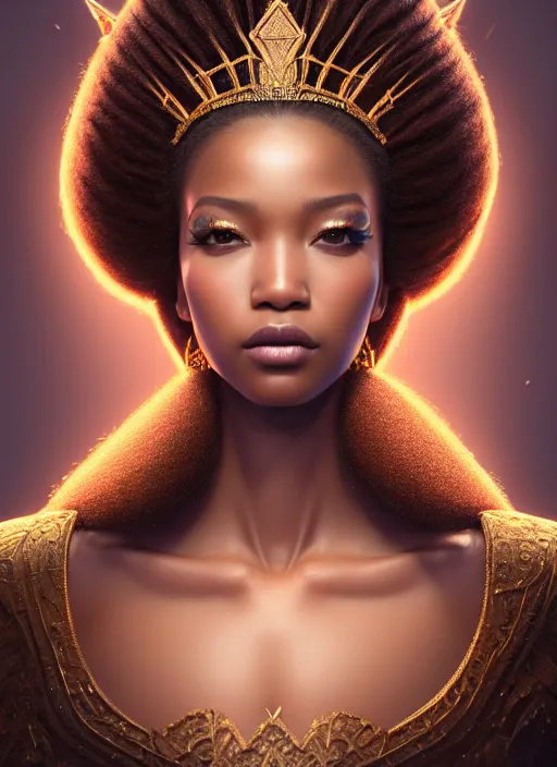 Prompt: portrait of princess, intricate, sharp focus, octane render, realistic, photo, detailed, beautiful, brown skin, unreal engine, symmetrical!!, loreal, maybelline, sephora, loreal, artstation, art by artgerm, rossdraws, karol bak, makeup by pat mcgrath, cinematic, concept art, filmic, vsco