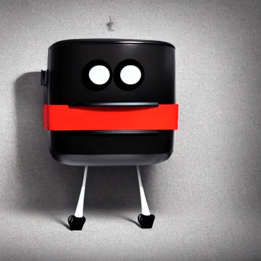 Image similar to an anthropomorphic toaster with googly eyes, black stick legs, black stick arms, and a hat