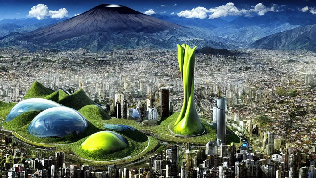 Prompt: Nuclear; Mountain, Nature, City; Harmony; Quito, Ecuador; by Oswaldo Moncayo and Vincent Callebaut; Art Direction by James Cameron;