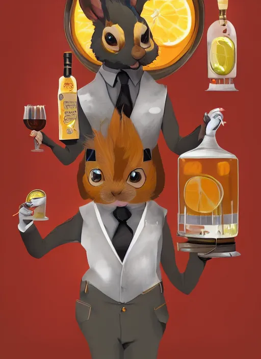 Image similar to squirrel anthro as a dapper bartender with a big fluffy tail, retro futurism, art deco, detailed painterly digital art, 🐿🍸🍋, furaffinity, trending on artstation