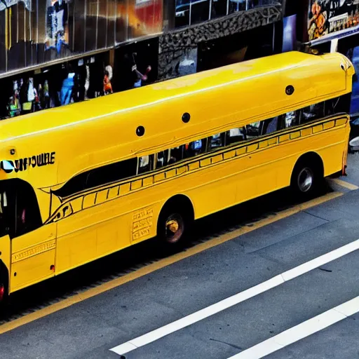 Image similar to giant snake eats yellow school bus, bus swallowed by giant snake, time square, cinematic, dramatic, film still