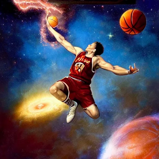 Image similar to cosmic basketball player dunking a basketball hoop in a nebula, an oil painting, by ( leonardo da vinci ) and greg rutkowski and rafal olbinski and ross tran, award - winning magazine cover