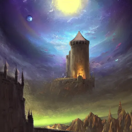 Image similar to a medieval castle in space, digital painting, trending on artstation