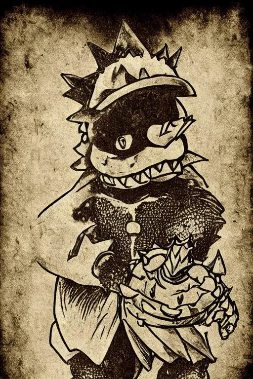 Image similar to bowser king koopa, portrait, full body, symmetrical features, silver iodide, 1 8 8 0 photograph, sepia tone, aged paper, master prime lenses, cinematic