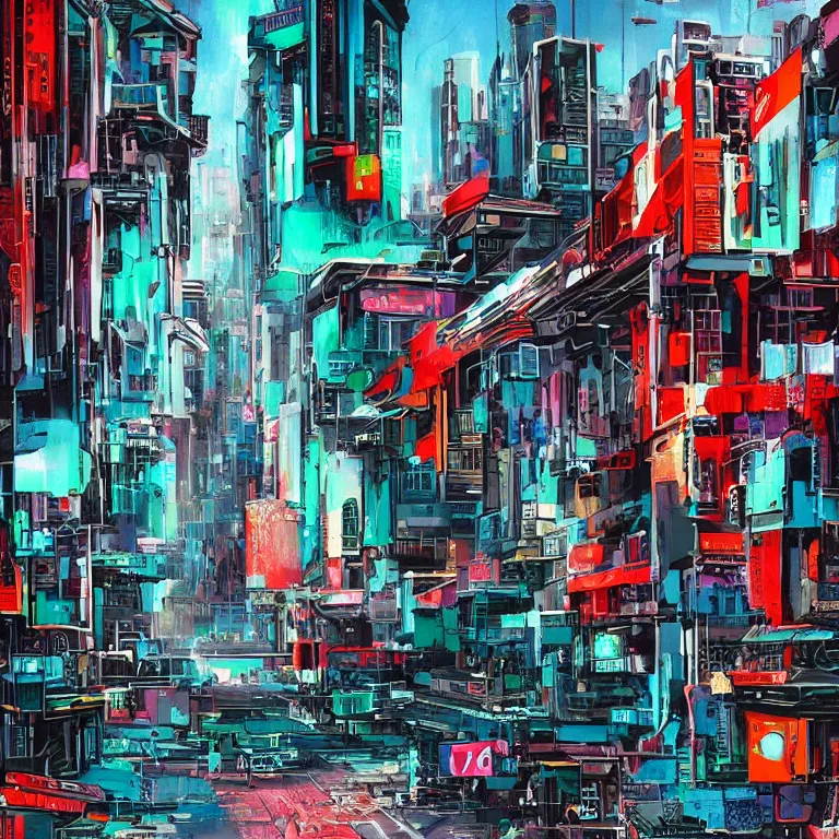 Prompt: Street-art painting or cyberpunk city in style of soviet retro futurism