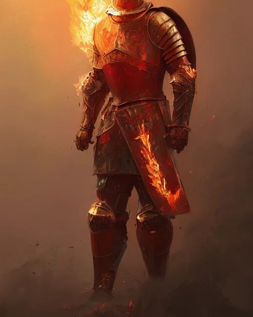 Prompt: Hyper realistic painting of a knight with armor made out of flaming embers, cracks in the armor, reflected light, red lighting, dark fantasy, fog, by greg rutkowski, trending on artstation