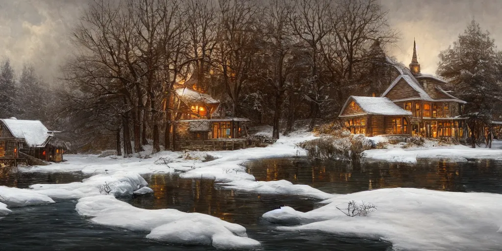 Prompt: an oil painting of a lakehouse in winter, masterpiece, highly detailed, high quality, 4 k, anatomically correct, hyperrealistic, concept art, octane render, unreal engine 5, trending on artstation, trending on deviantart, matte, historical painting, fantasy style, path traced, high coherence, soft lighting, digital painting, mythical