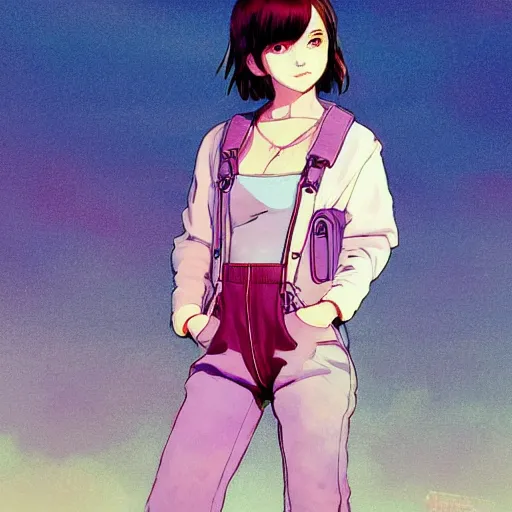 Image similar to a beautiful! boyish! natalie portman alluring gravure! model, wearing oversized mayan bomber jacket and leotard with overalls, bulky poofy bomber jacket with mayan patterns, gapmoe yandere grimdark, trending on pixiv fanbox, painted by greg rutkowski makoto shinkai takashi takeuchi studio ghibli, akihiko yoshida