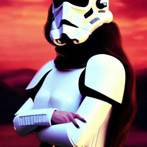 Prompt: lana del rey as a storm trooper in'star wars ', no helmet, cinematic scene, cinematic lighting, 3 5 mm