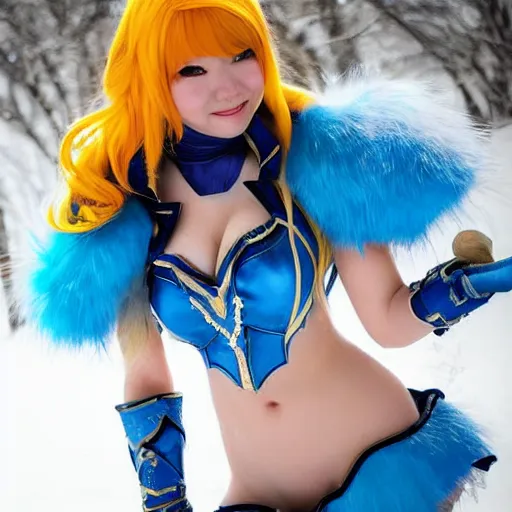 Prompt: photograph of a girl cosplaying Crystal Maiden from Dota 2, HD, award winning photography, uploaded on Facebook, highly detailed, Dota2!!!!! ice!!!