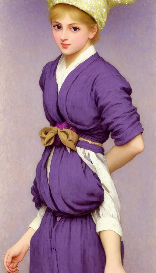 Image similar to A full body image of a cute mystical girl with short blond hair wearing an oversized purple Beret, Baggy Purple overall shorts, Short Puffy pants made of silk, pointy jester shoes, a big billowy scarf, Golden Ribbon, and white leggings Covered in stars. Short Hair. Sunlit. Fortune teller. Haute Couture. Art by william-adolphe bouguereau and Paul Delaroche and Alexandre Cabanel and Lawrence Alma-Tadema and Johannes Helgeson and WLOP. Smooth. Elegant. Highly Detailed. Intricate. Surrounded by clouds. 4K. UHD. Denoise.