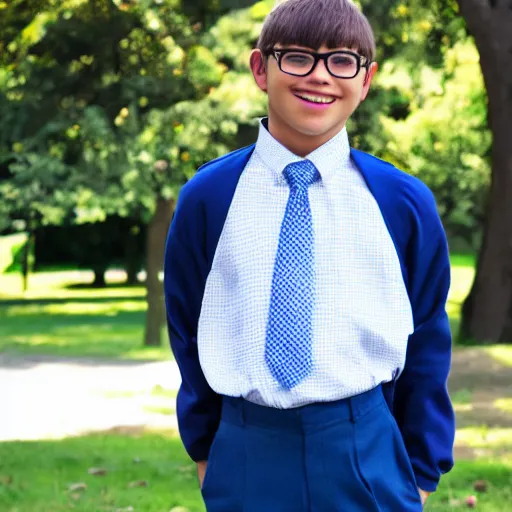 Image similar to a realistic fullbody photograph of a nerdy school boy in a park, school uniform