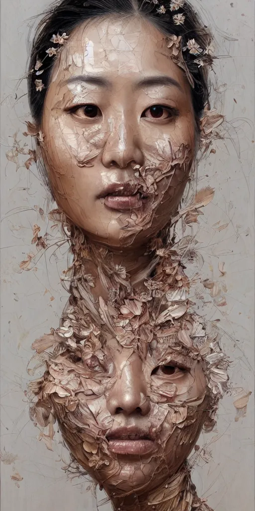 Prompt: very beautiful highly detailed and expressive oil painting of an asian woman's face made of wood and dissolving into nature by james jean, by kim jung gi, masterpiece, dynamic lighting, intricate linework, 8 k, flowers