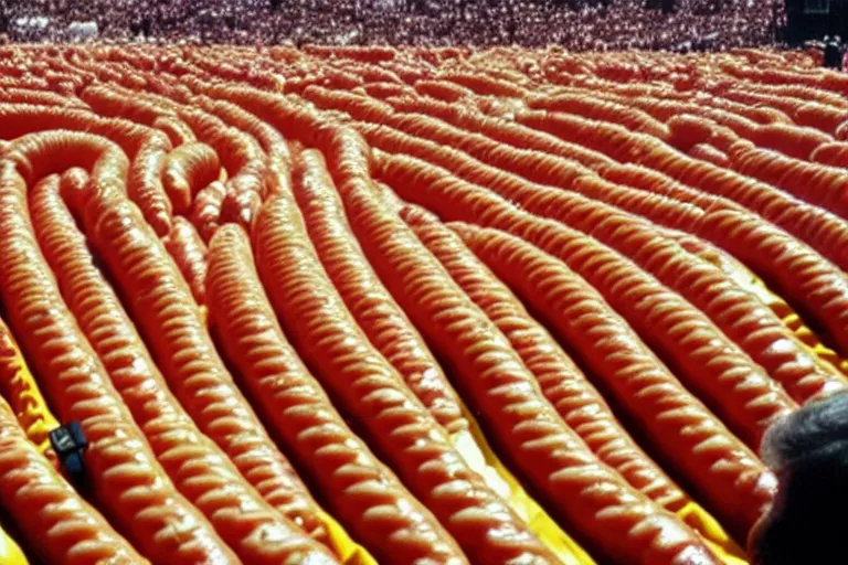 Prompt: a strangely coiled hotdog being grasped by thousands of hands