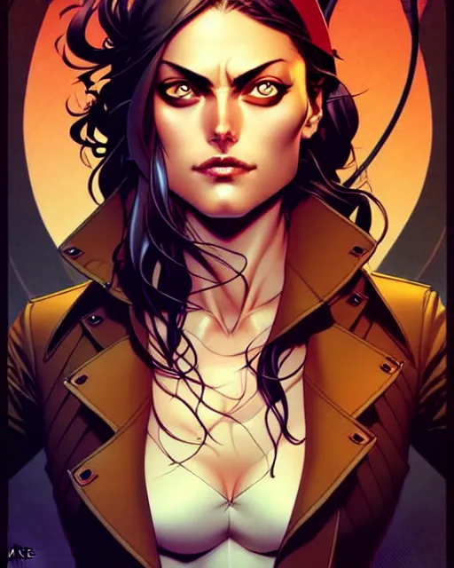 Image similar to artgerm, joshua middleton comic cover art, pretty pirate phoebe tonkin smiling, full body, symmetrical eyes, symmetrical face, long curly black hair, on a pirate ship background, warm colors