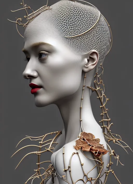 Image similar to complex 3d render ultra detailed of a beautiful porcelain profile woman face, mechanical cyborg, 150 mm, beautiful natural soft light, rim light, silver gold details, mechanical magnolia and ghost orchid big leaves and stems, roots, fine foliage lace, maze like, mesh wire, intricate details, hyperrealistic, ultra detailed, mandelbrot fractal, anatomical, red lips, white metal neocubism armor, facial muscles, cable wires, microchip, elegant, octane render, H.R. Giger style, 8k