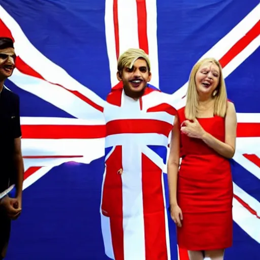 Prompt: rishi sunak and liz truss laughing, standing next to a burning union jack, studio photograph, dramatic llghting