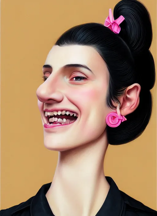 Prompt: portrait of high school girl, realistic, black hair, bangs, half updo hairstyle, pointy nose, skinny, smile, ugly, defined jawline, big chin, pink hair bow, earrings, intricate, elegant, yearbook photo, highly detailed, digital painting, artstation, sharp focus, illustration, art by wlop, mars ravelo and greg rutkowski