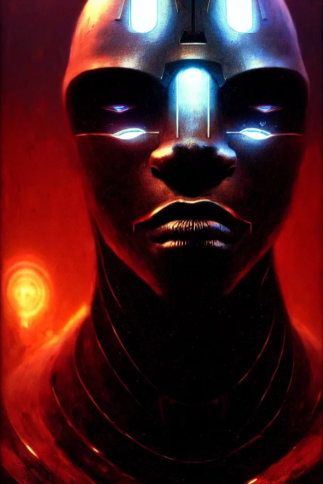 Prompt: a striking portrait of a black cyborg god king by moebius and hr gigerr and beksinski, trending on artstation, digital art, 4 k resolution, detailed, high quality, sharp focus, hq artwork, insane detail, cinematic, volumetric lighting, character concept art, fine details, clear face