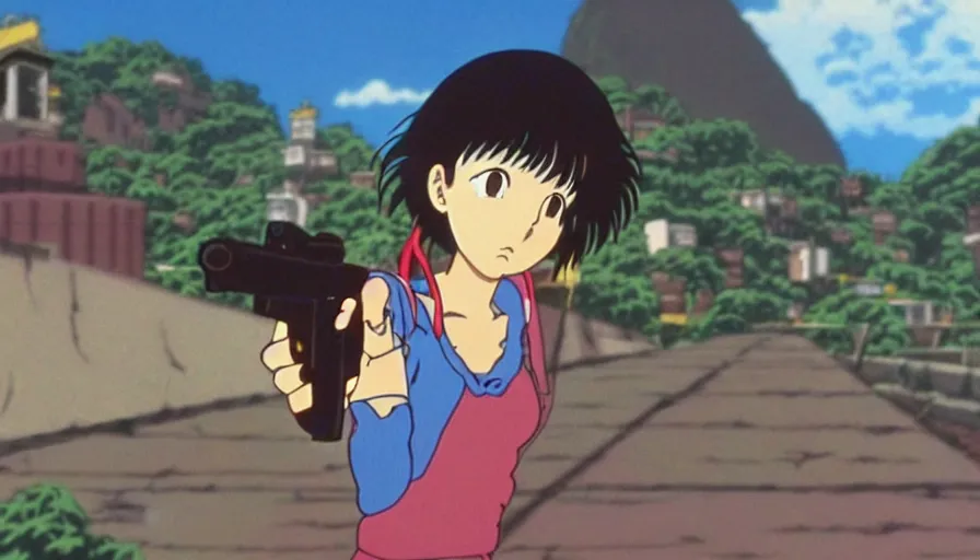 Image similar to 1 9 8 6 anime screencap of a girl with a gun on a rio de janeiro anime, by hayao miyazaki, studio ghibli, rio background extremely high quality artwork