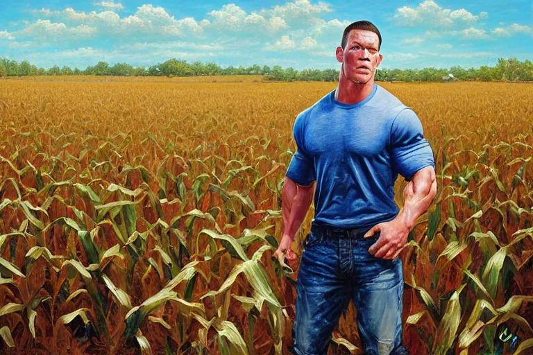 Image similar to john cena in a corn field, an oil painting by ross tran and thomas kincade