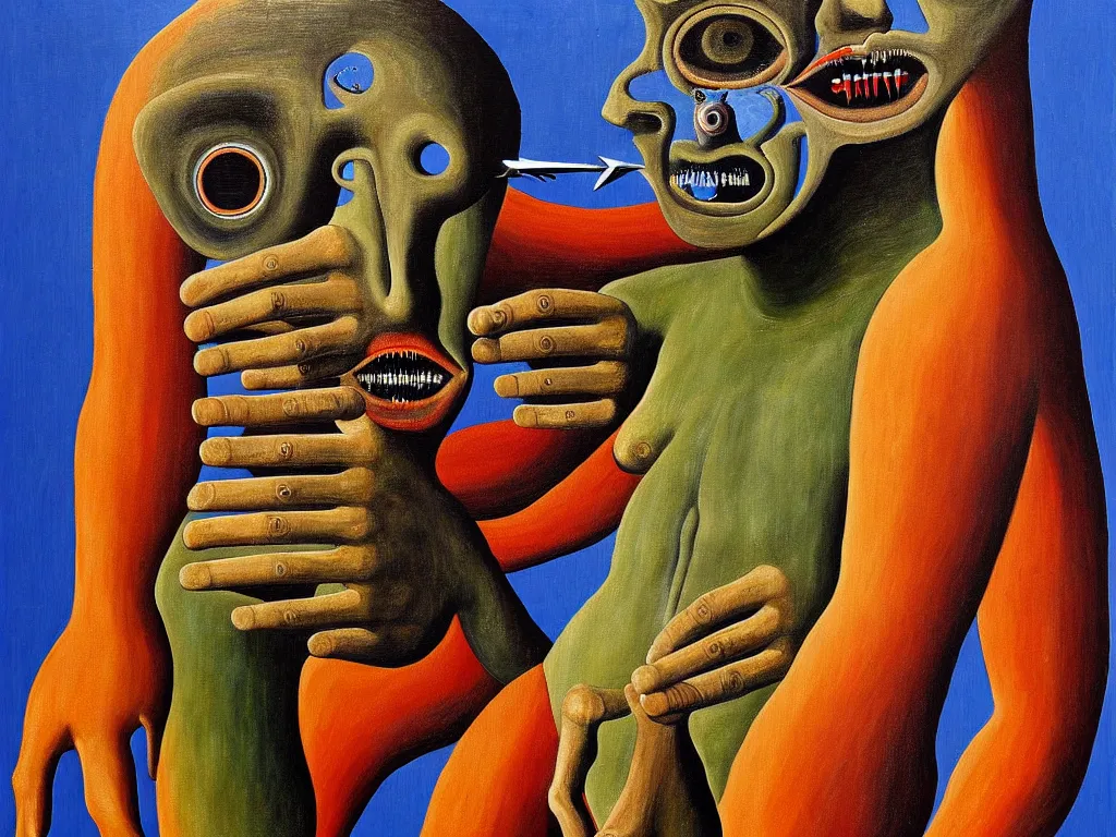 Prompt: a painting of a hominid with a hand face with a centered eye, mouth with sharp teeth centered on the belly, legs that melt into a foresthighly detailed, 4 k, art by max ernst