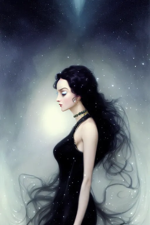 Image similar to Nocturne, glowing, stars, a long-legged elegant evil woman, long black hair, pearl amulet, highly detailed, mysterious, ethereal, dressed in black velvet, haute couture, illustration, dramatic lighting, soft details, painting, by Edmund Blair Leighton, Brom, Charlie Bowater, trending on artstation, faces by otto schmidt