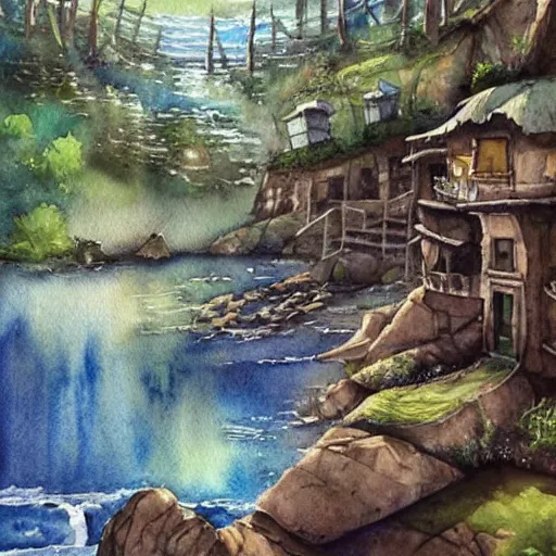 Image similar to beautiful happy picturesque charming sci - fi organic homes in a beautiful natural scene. water, trees and rocks. beautiful light. soft colour scheme. beautiful artistic detailed watercolor by lurid. ( 2 0 2 2 )