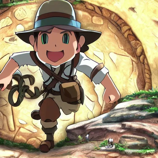 Image similar to Indiana Jones running away from boulder trap, boulder chase, stone temple background, giant round stone chasing Indian Jones, raiders of the lost ark, made in abyss anime style