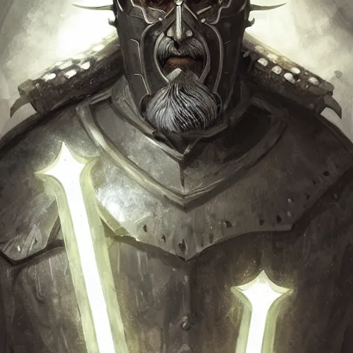 Image similar to illuminated portrait of an old warrior, black armor, greatsword, grey hair, scars, digital illustration, high fantasy, detailed face, frank frazetta, sharp focus