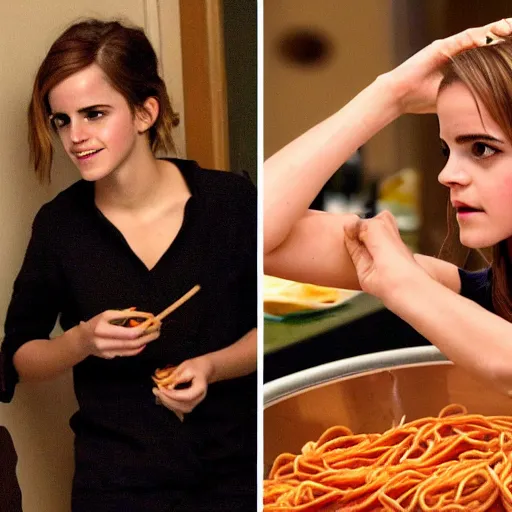 Image similar to Emma Watson eating too much spaghetti