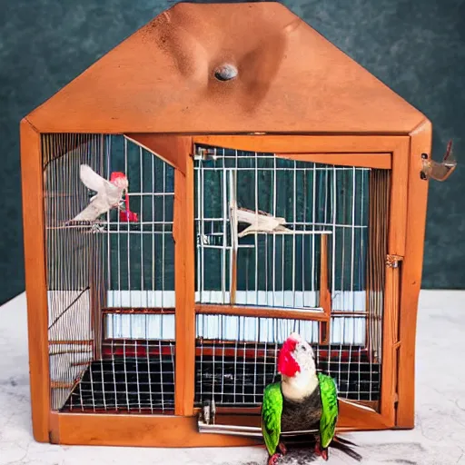 Prompt: a bird cage with a pug cockatoo parrot hybrid, realistic, photoshoot, real life