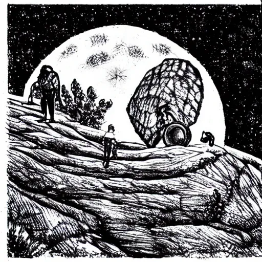 Prompt: Sisyphus pushing a rockup a hill, lit by a full moon, intricate pen illustration