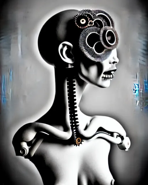 Image similar to black and white dreamy foggy profile face portrait, one steampunk eye biomechanical beautiful young female cyclope - cyborg - robot bust, body ribs meshes,, volumetric light, hibiscus flowers, by hg giger, rim light, by dora maar and cecile beaton, big gothic fashion pearl embroidered collar, 8 k