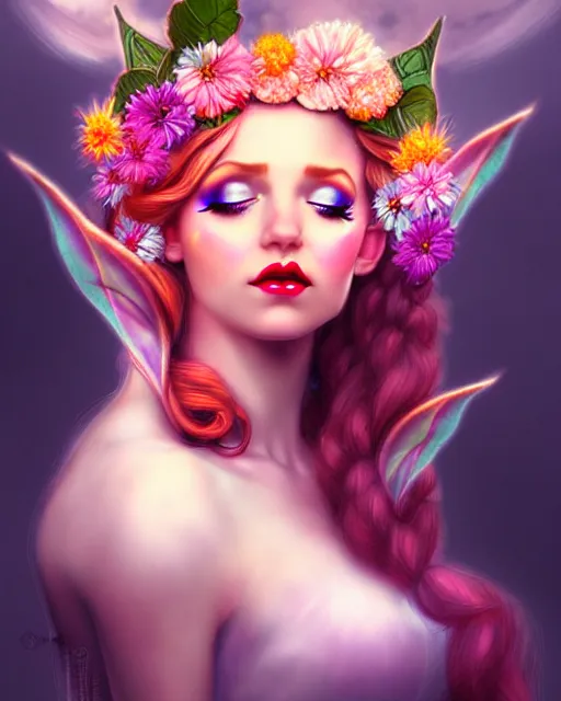 Prompt: burlesque elf, flowers in hair, fantasy character portrait, soft clouds, floral sunset, ultra realistic, concept art, intricate details, art nouveau, cinematic, highly detailed