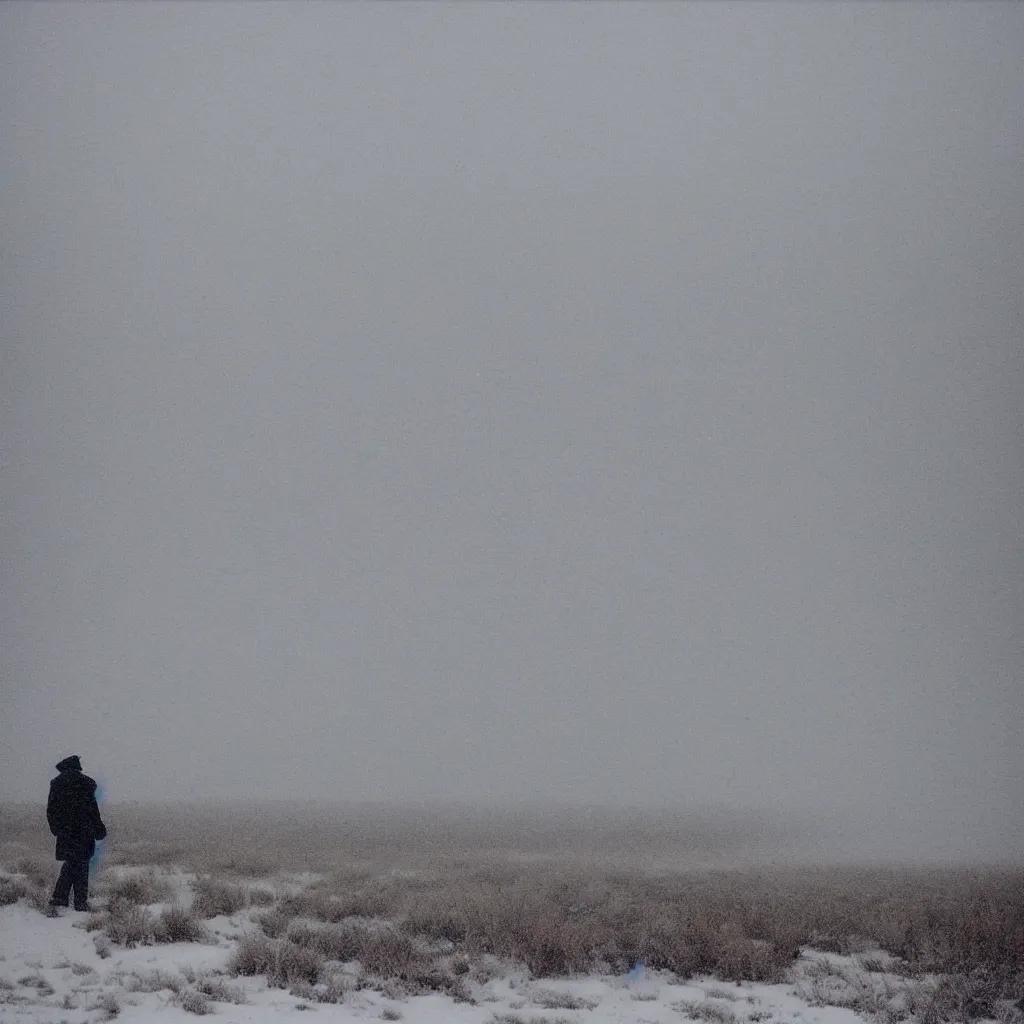 Prompt: photo of shiprock, new mexico during a snowstorm. a old man in a trench coat and a cane appears hazy in the distance, looking back over his shoulder. cold color temperature, snow storm. hazy atmosphere. humidity haze. kodak ektachrome, greenish expired film, award winning, low contrast,