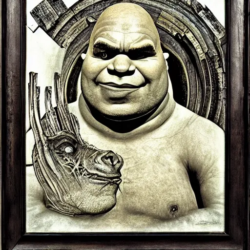 Prompt: a portrait of Shrek by H. R. Giger