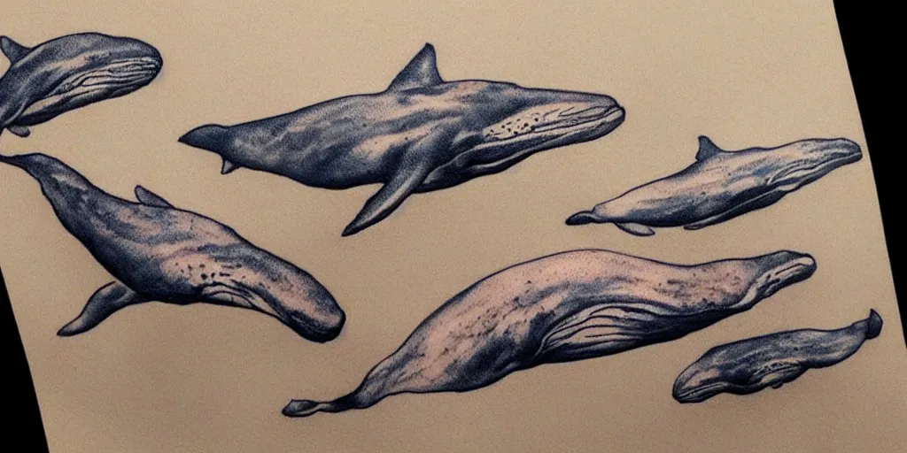 Image similar to realistic tattoo design drawn on paper of whales, golden, delicate, hyper realism, 1 4 5 0, ink, ultra realistic, 8 k