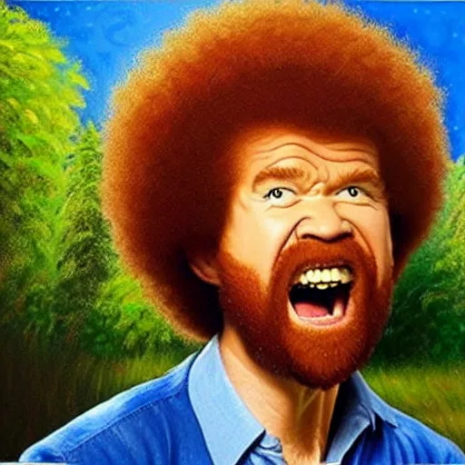 Image similar to insanely angry bob ross screaming at an ugly painting