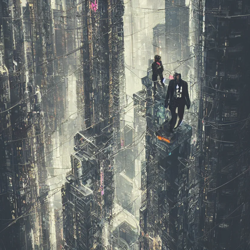 Image similar to a cyber boy ontop of a building, cyberpunk art by elsa bleda, by elsa bleda unsplash contest winner, aestheticism, dystopian art