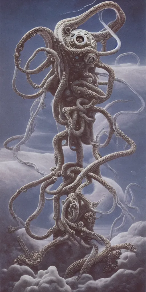 Image similar to eldritch astronaut with tentacle arms, by zdzisław beksinski, dynamic composition, dramatic lighting, hyper - realistic, ultra detailed, 8 k