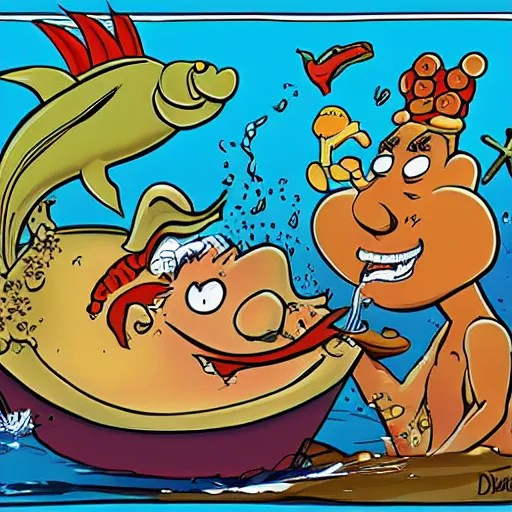 Image similar to cartoon of a man eating a mermaid by don martin, mad magazine, artstation