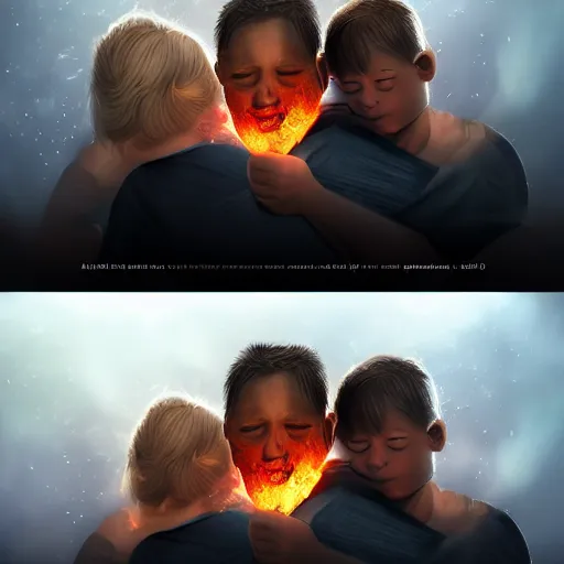 Image similar to A family hugging each other for the last time as the world is ending, meteors are falling from the sky, everything is on fire, dramatic lighting, digital art, very very very very very very beautiful, 8K, dark lighting, trending on Artstation, award winning