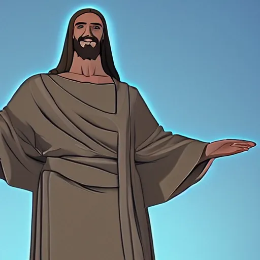 Image similar to Christ the Redeemer smiling, animation, anime, cartoon, concept art