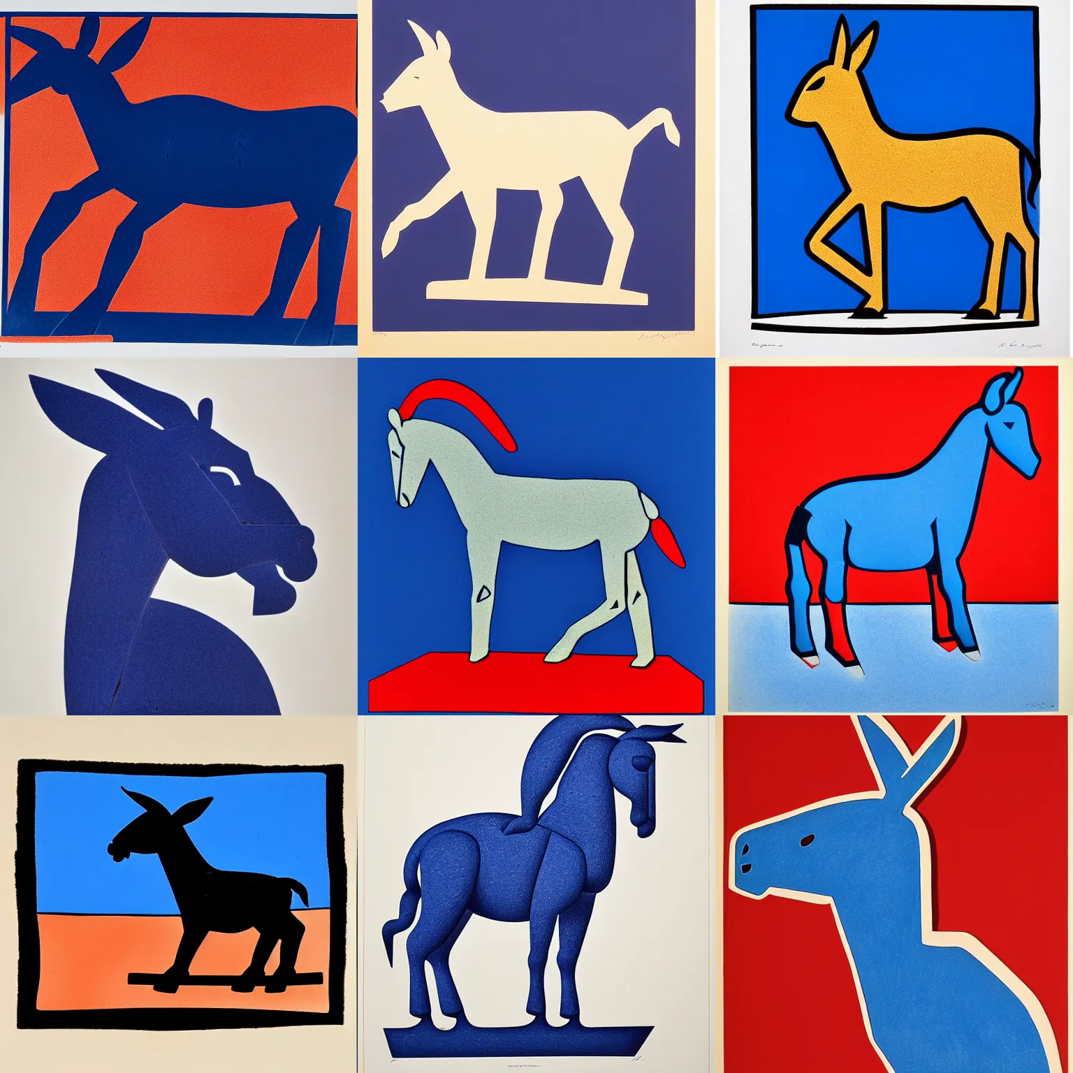 Prompt: lithograph of donkey!! cycladic sculpture, simplified, silhouette, full body, solid colors, block print, iconic, side view, centered, white background, ultramarine blue and red iron oxide