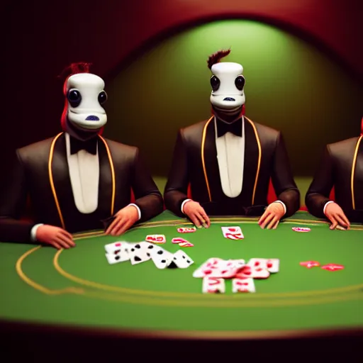 Image similar to hyperrealism simulation highly detailed human turtles'wearing detailed tuxedos and smoking, playing poker in surreal scene from cyberpunk movie from future by wes anderson and denis villeneuve and mike winkelmann rendered in blender and octane render