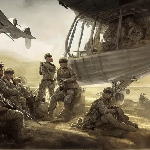 Prompt: soldiers sitting inside a plane on their way to the battlefield, an emotionless look on their faces, digital painting, highly detailed, illustration, intricate, in the style of grek rutkowski