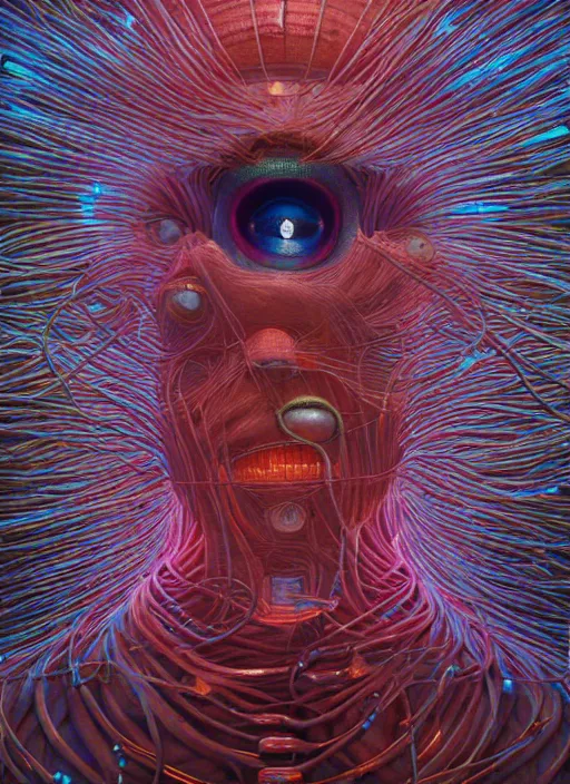 Image similar to A wall made out of eyes, flat, neon, RGB, glowing wires everywhere, pristine, by Edgar Maxence and Ross Tran, Zdzisław Beksiński, and Michael Whelan, gustav dore, H.R. Giger, 8k, octane render