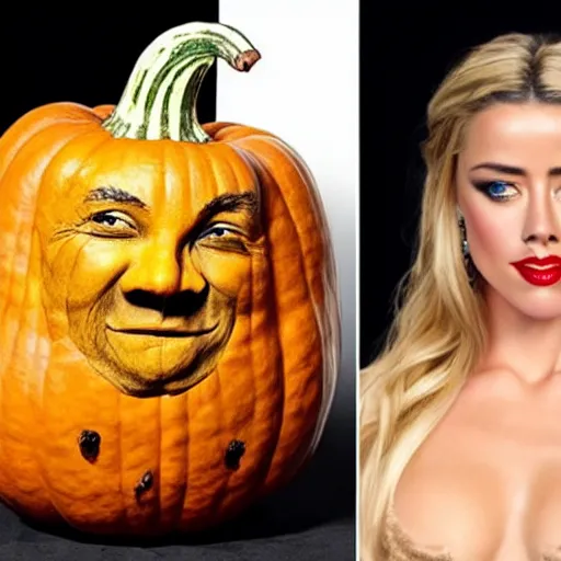 Image similar to a [ gourd ] carved shaped to look like ( amber heard face ) hybrid intercross