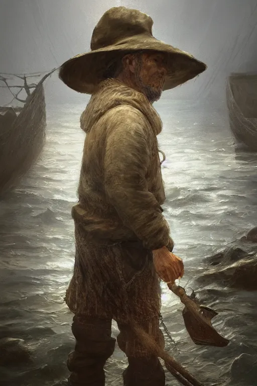 Image similar to medieval fisherman, close-up portrait, poor, intricate, elegant, volumetric lighting, scenery, digital painting, highly detailed, artstation, sharp focus, illustration, concept art,ruan jia, steve mccurry